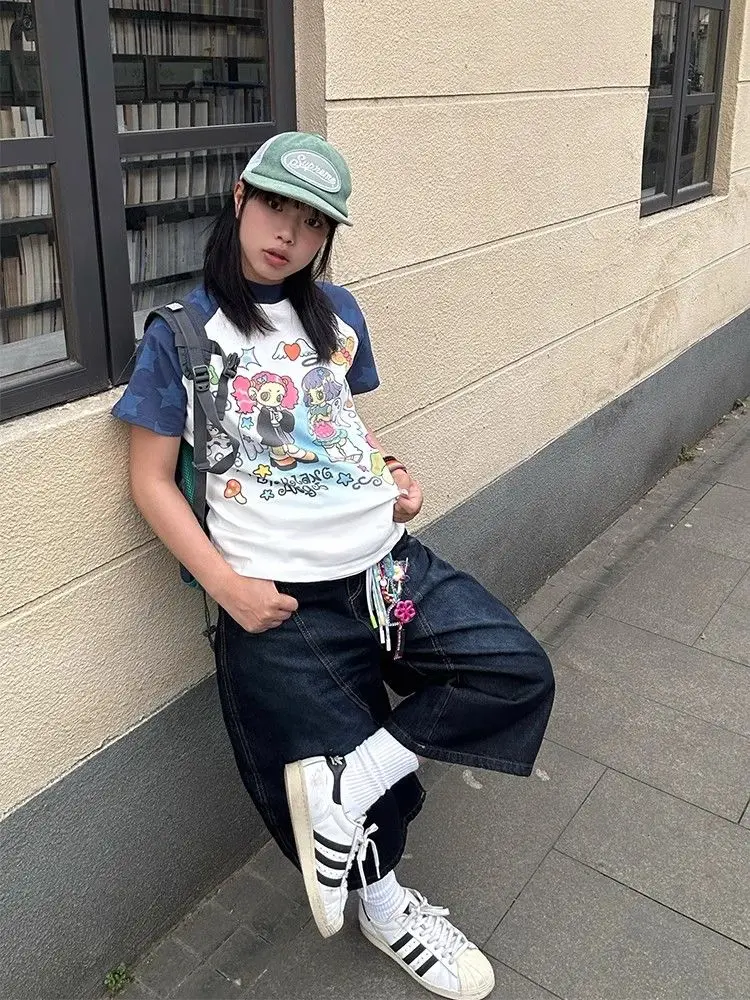 グランジ折衷ふくらはぎ丈デニムパンツヴィンテージカジュアルくだらないエモパンツ女性の Y2K レトロハイウエスト 2000 年代ストリートジーンズ