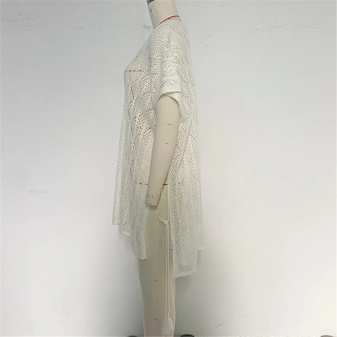 Neues, kurzärmeliges, einfarbiges, gehäkeltes Strick-Tunika-Strandkleid mit V-Ausschnitt, Strandkleid, Strandmode, Damenmode, K8580 – Detail 7