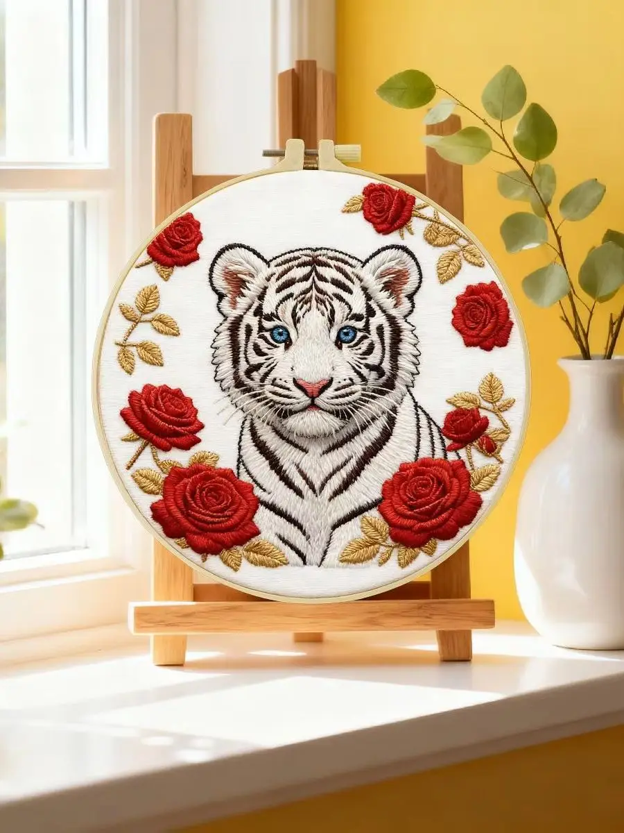 1 Stück 20X20CM/15X15CM 7,87/6,3 Zoll Weißer Tiger Stickerei Starter-Kit DIY-Kit DIY-Stickerei-Set für Anfänger – Detail 6