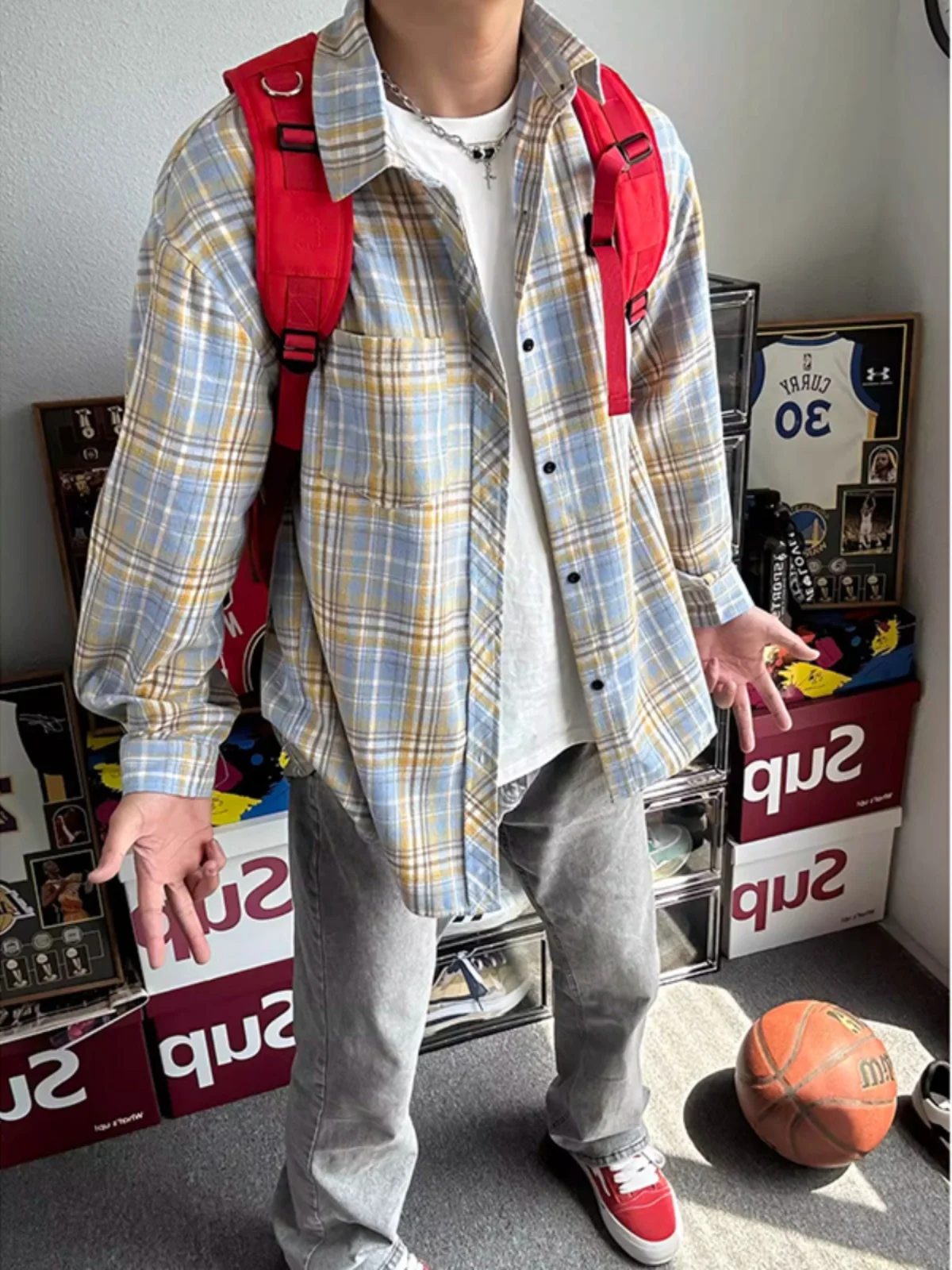 

Blue And Yellow Plaid Long Sve irt Men's Sle American Cleanfit Jaet Couple Layering irt Youth Trend Spring Wear