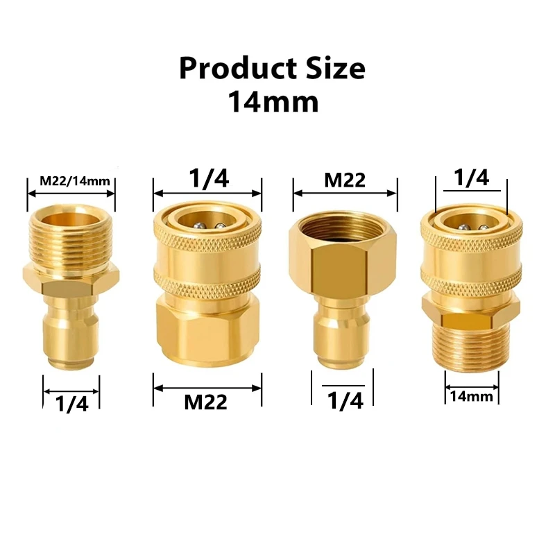 Brass M22-14mm/15mm to 1/4 Inch Pressure Washer Adapter Set Quick connection & Disconnect for Power Washer Hose Pump 5000 PSI