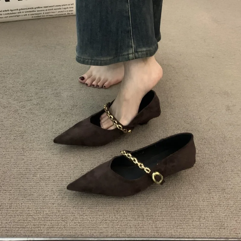 

Vintage Pointed Toe Stiletto Single Shoes Fashion Shallow Suede Metal Buckle Soft Sole Low Top Shoes Party High Heel Shoes
