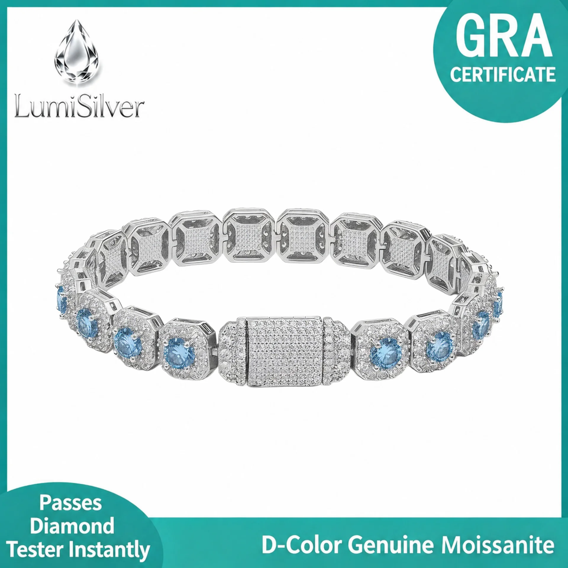 Iced Out Cushion Link Moissanite Tennis Bracelet 925 Silver Pink Blue Women Hip Hop Jewelry GRA Cert