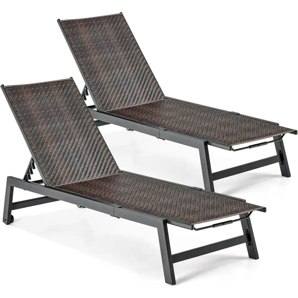 

Outdoor Adjustable PE Rattan Recliner with Wheels, 5-Position Backrest, for Patio, Poolside, Beach (Set of 2)