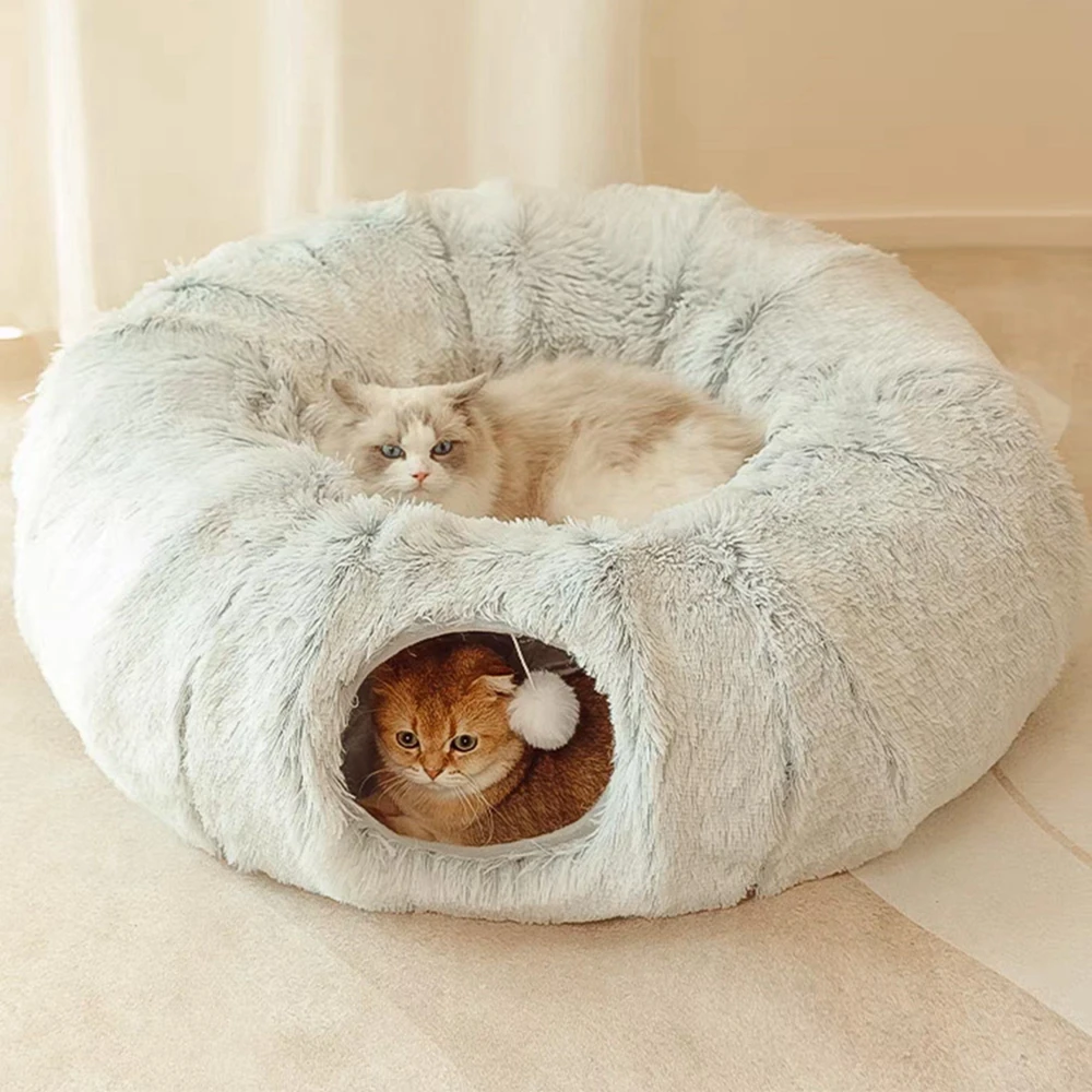 Warm Plush Cat Tunnel with Cat Bed for Indoor Cats Multifunctional 2-in-1 Cat Channel Nest Cat Toys for Small Medium Large Cat