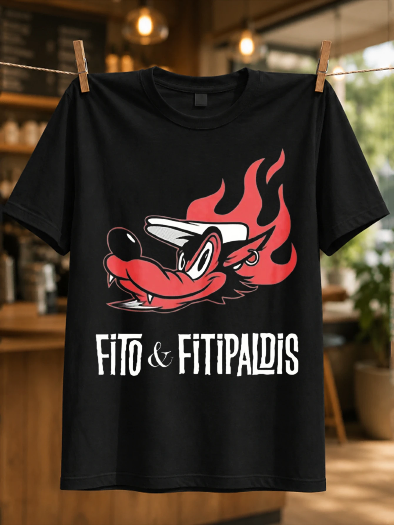 Fito & Fitipaldis flaming dog head mascot with red fire bold  distressed lettering punk cartoon  Unisex All T-Shirt