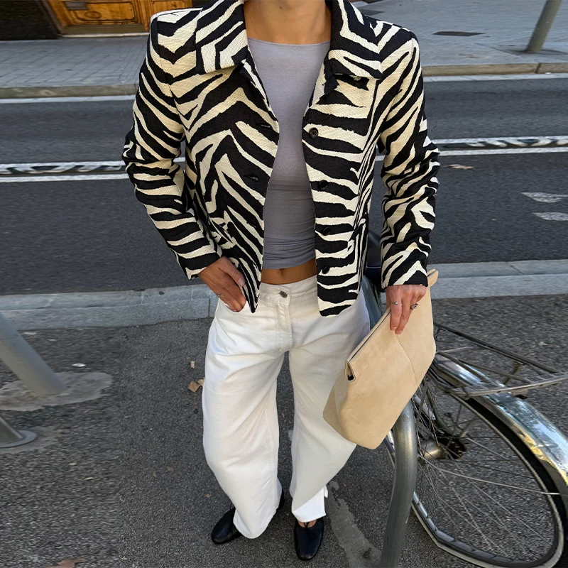Damen-Crop-Mäntel, Zebra-Muster, Revers, Langarmjacken, Herbst, Damen, einreihig, mit Einsätzen, schmale Jacke, neue Oberbekleidung – Detail 7