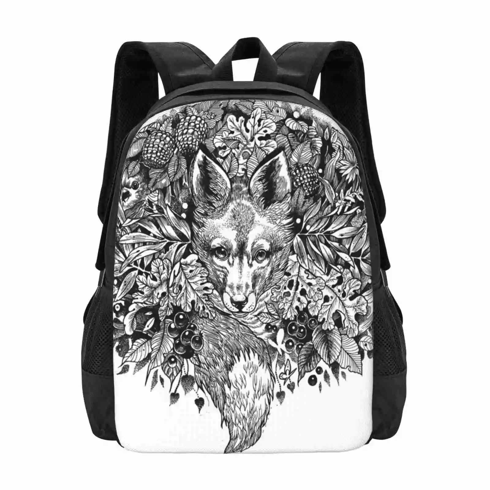 Mochila con diseño de zorro oculto, bolsa de moda con dibujo de tinta de hojas y hojas, bonito trabajo de línea de follaje natural, color blanco y negro, gran oferta