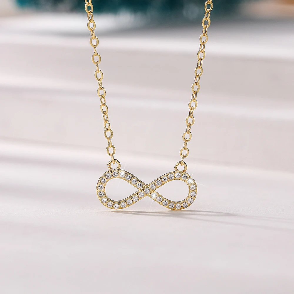 Huitan Simple Infinity Shape Pendant Necklace Women Inlaid Shiny CZ Stone Fancy Figure 8 Clavicle Chain Necklace Wedding Jewelry