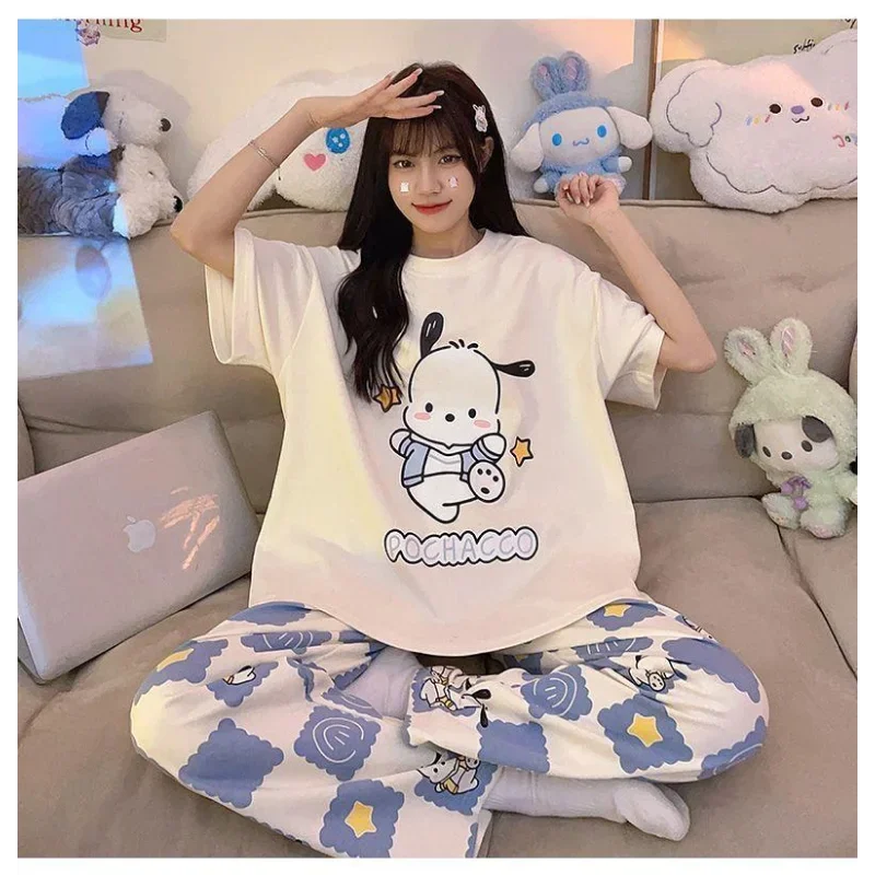 Sanrio Kawaii Pochacco Pajamas Set Stitch Cute Cartoon Student Soft Cotton Loungewear Home Wear Birthday Gift Girls Toys