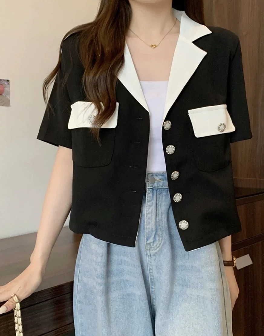 Celebrity Same Style Temperament Casual Senior Small Fragrance   V-Neck Jacket Women\'s Fashion Show Thin  Short-Sleeved Jacket