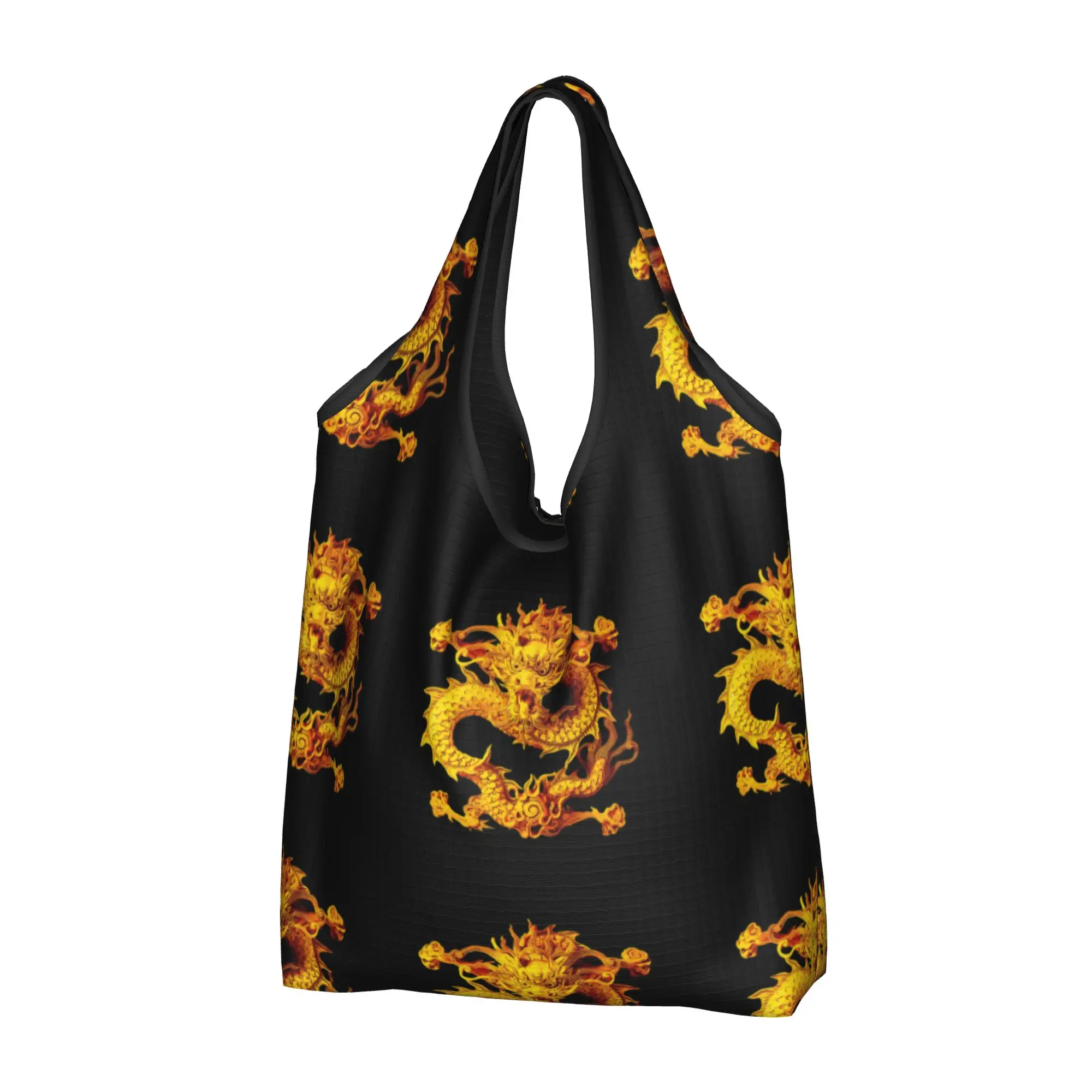 Chinese Golden Dragon Grocery Shopping Bags Custom Shopper Shoulder Tote Bag Large Capacity Asian Oriental Style Handbag