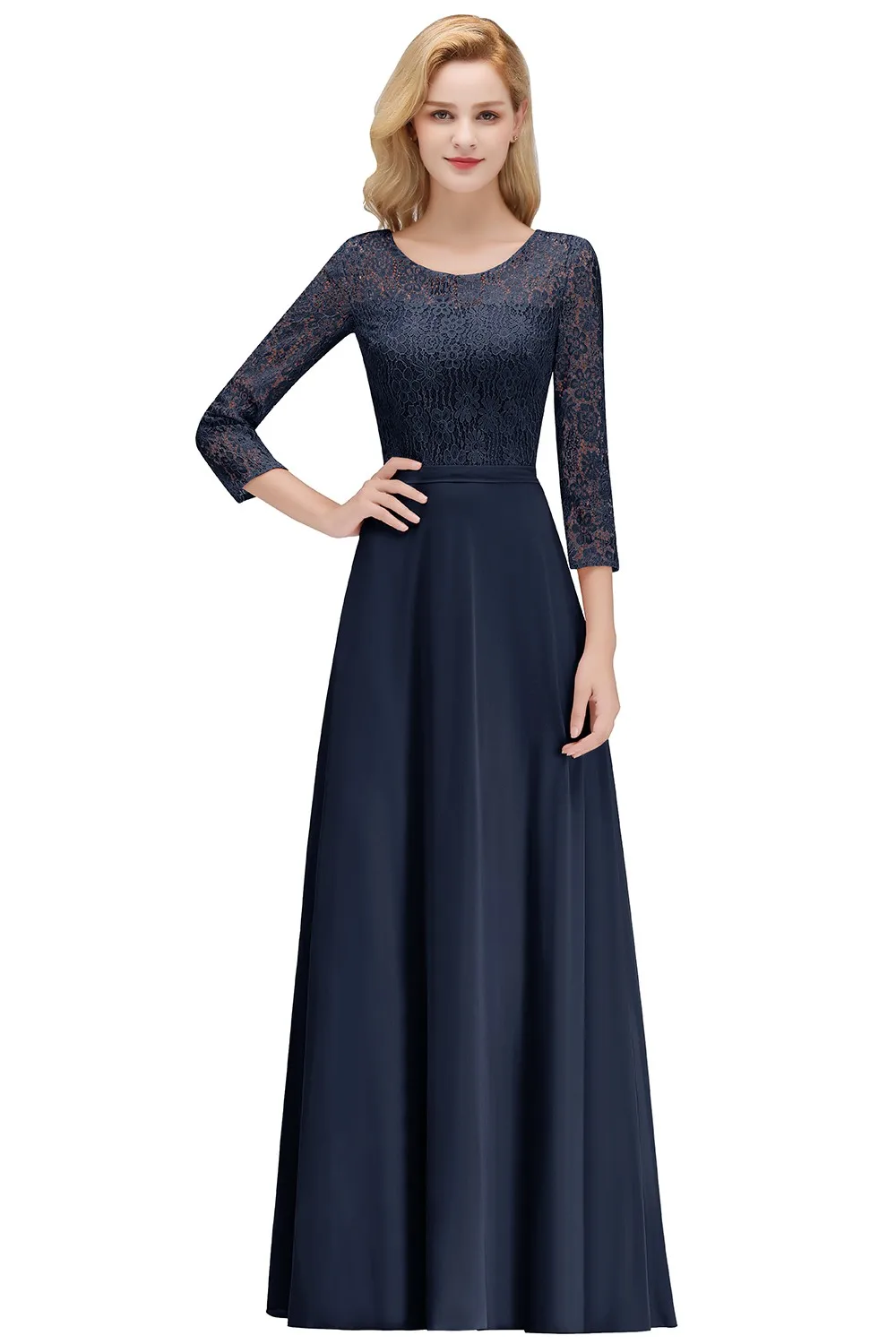 Long Sleeve Floral Lace Appqulies Evening Dress 2024 Navy Elegant Bridesmaid Dress Chiffon A-line Boho Wedding Party Guest Gown