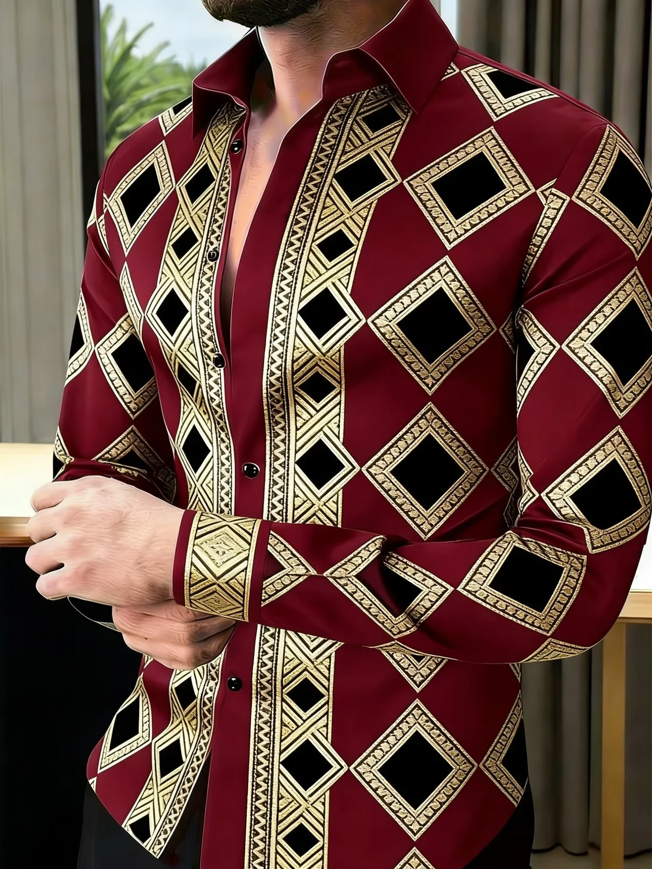 New rice base retro brown maple leaf print small lapel black button men's light mature slim fit long sleeved shirt