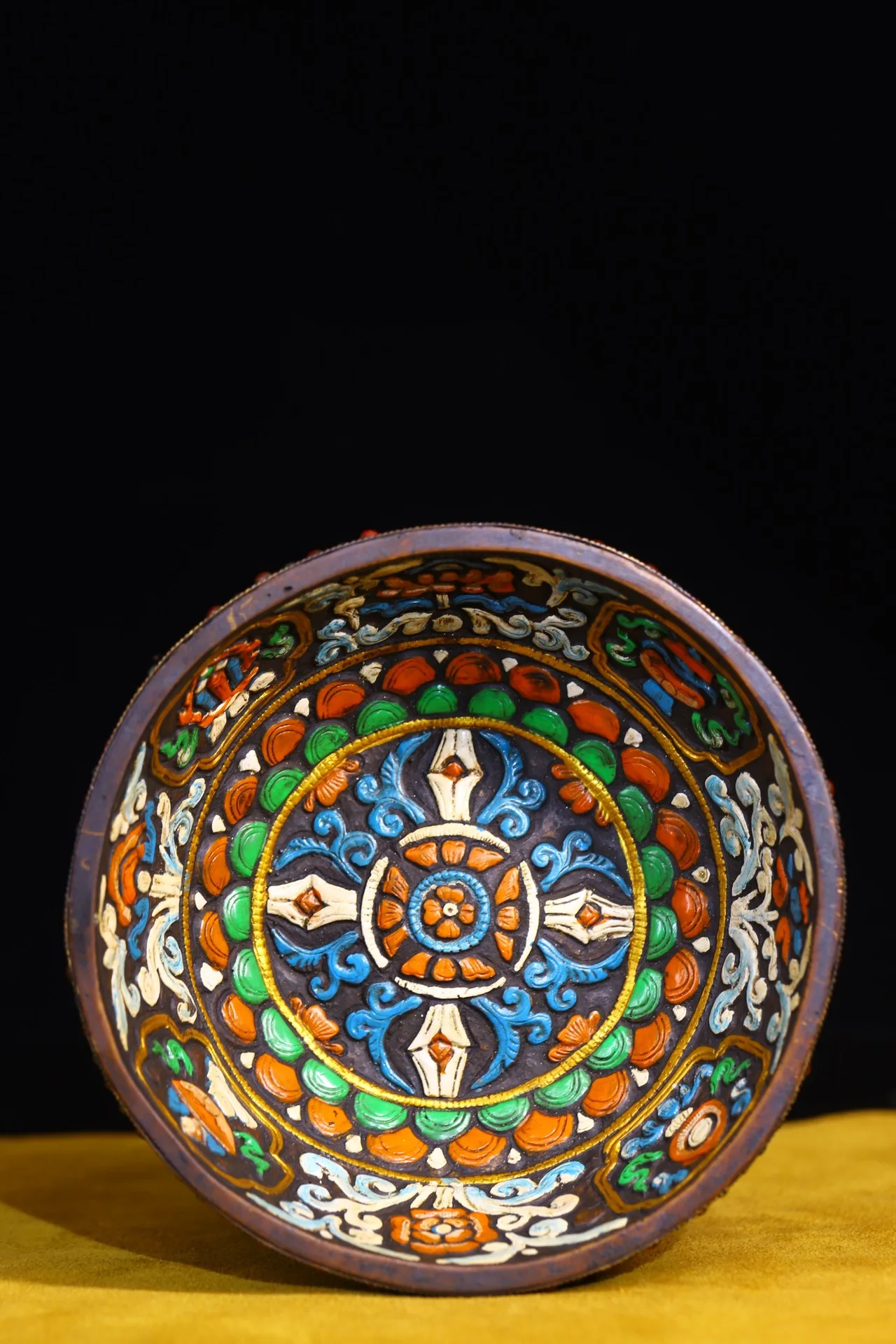 

6"Tibetan Temple Collection Old Natural Yak Bone Mosaic GemAuspicious Eight Treasures offering Bowl Buddha Bowl Worship Hall