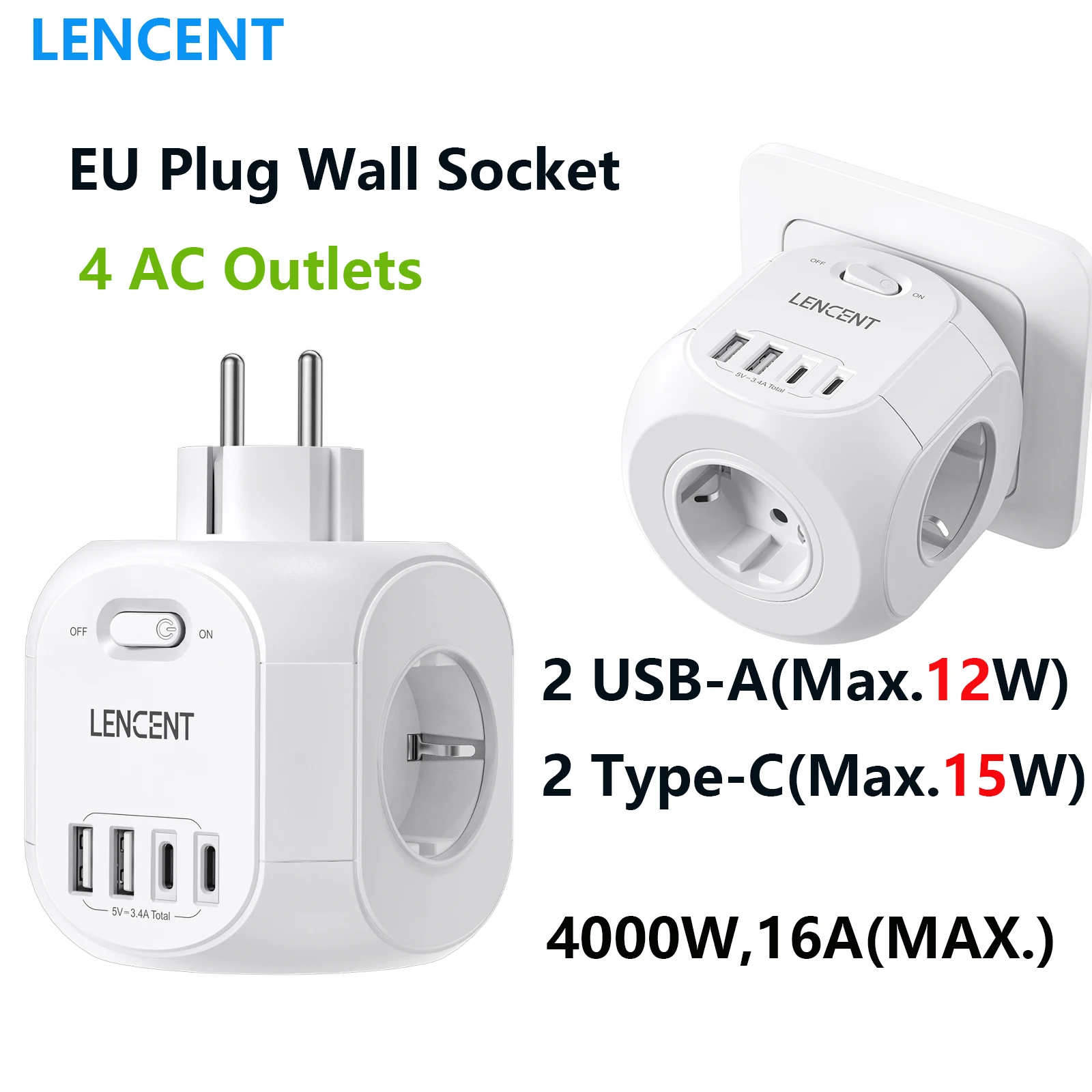 LENCENT EU Plug  Wall Socket Extender with 4 AC Outlets+2 USB-A +2 Type C Power Adapter 8-in-1 USB Charger with On/Off Switch