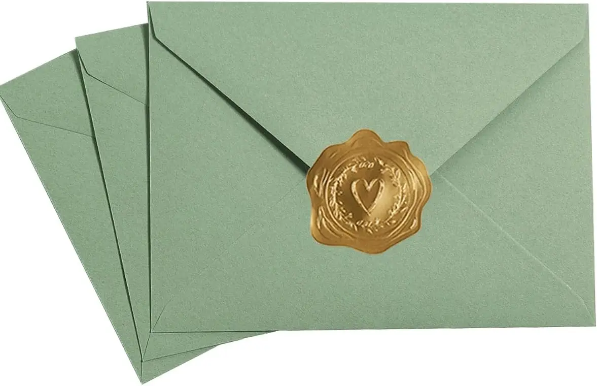 

A6 Sage Green Envelopes with Gold Stickers, 50 Pack, 6.5x4.75 Inches for 4x6 Cards, Wedding Invitations
