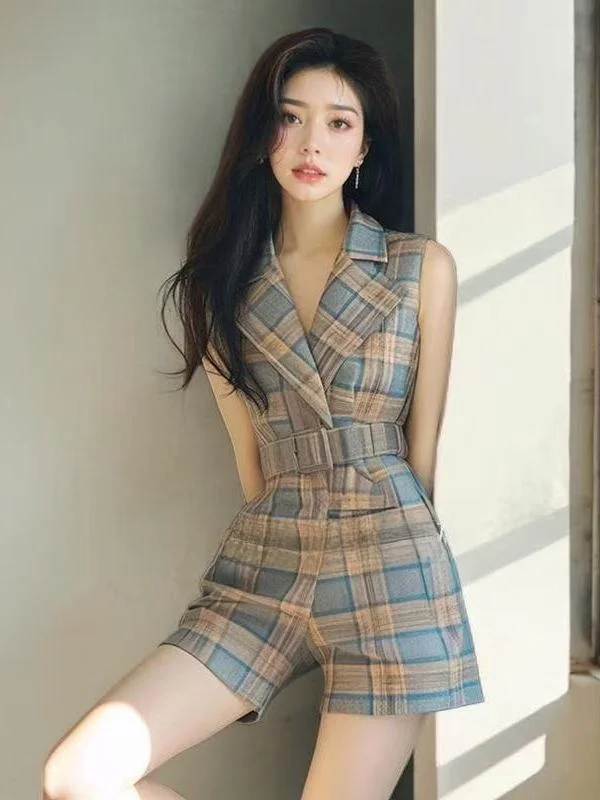 Été Plaid Svel Godd Sle Onesie trajet Faion taille haute ort pantalon femmes vêtements jambe droite pantalon