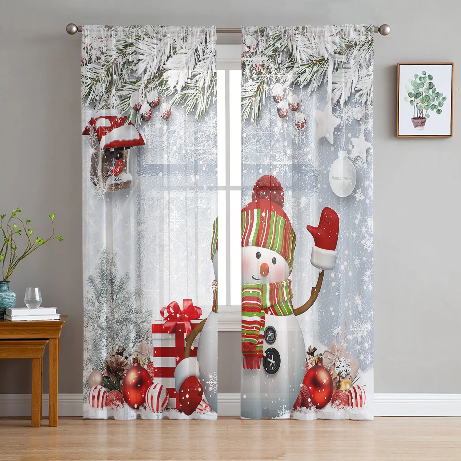 Christmas Snowflake Snowman Holly Fir Tree Sheer Curtains Christmas Home Decor Window Tulle Curtains for Living Room Bedroom