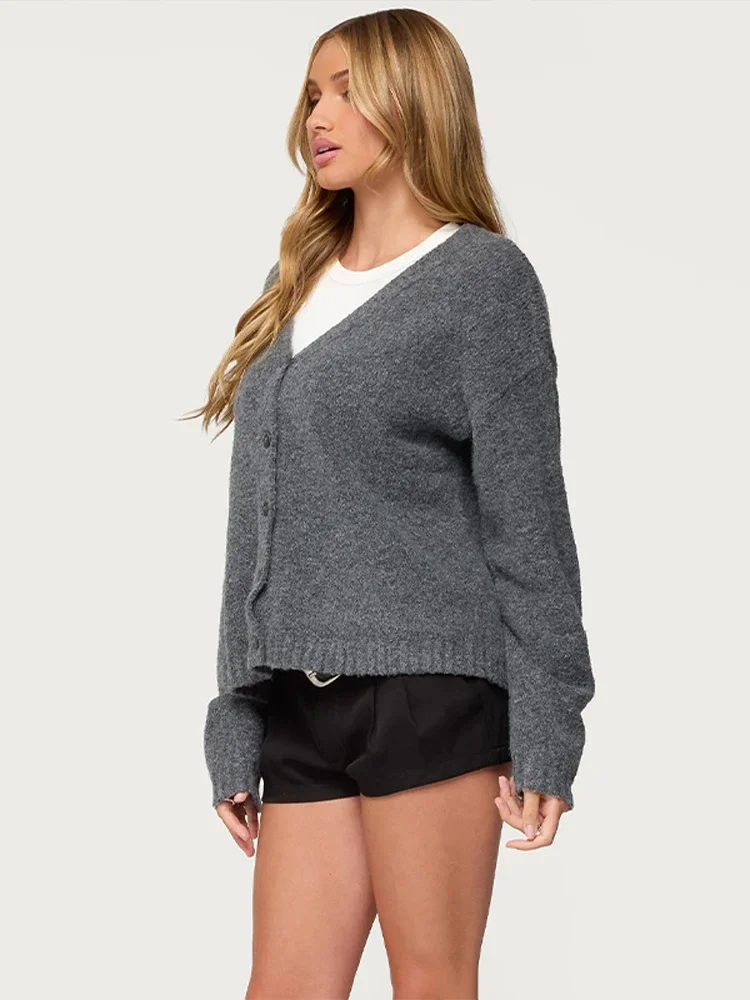 Women Solid Grey Knitted Cardigan Casual V-neck Full Sleeve Single Breasted Loose Sweater Lady Daily Commute Street Cardigan