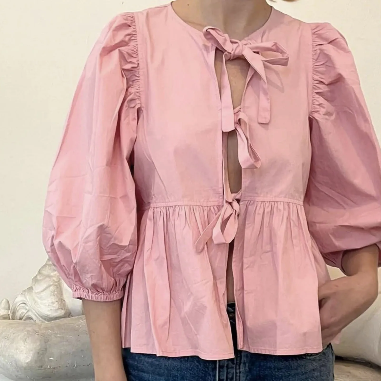Women\'s Shirt 2024 New Fashion Front Hollow Bow Tie Ruffle Hem Shirt Top Solid Colour Loose Bubble Short Sleeve Blouse Shirt