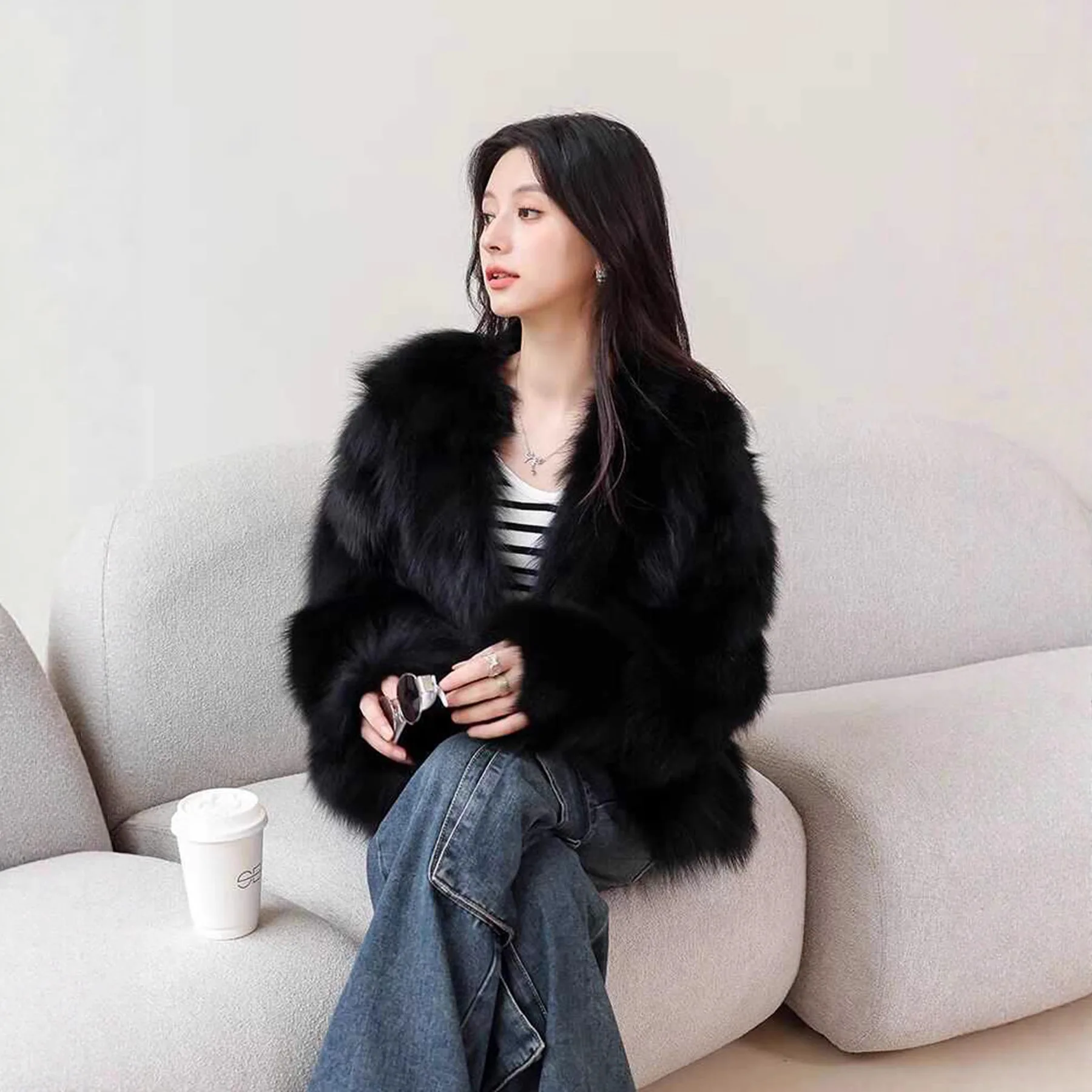 인조 모피 코트 여성용 솔리드 퍼 재킷 긴 소매 브이넥 버튼 두꺼운 따뜻한 퍼 캐주얼 오피스 레이디 2025 가을 겨울