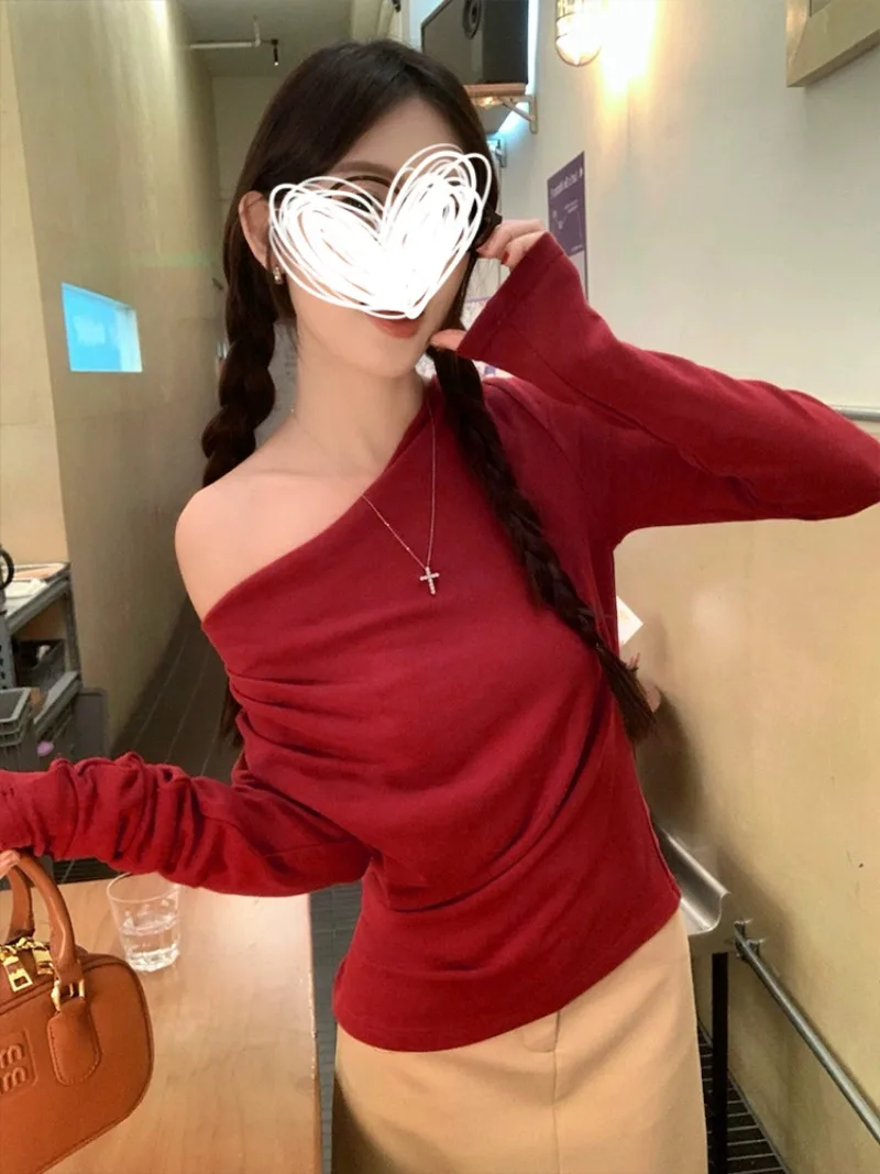 

Красные топы с длинными рукавами нестандартной формы, Ropa De Mujer, осенние блузки с открытыми плечами, женские футболки, пуловеры, футболки с графикой