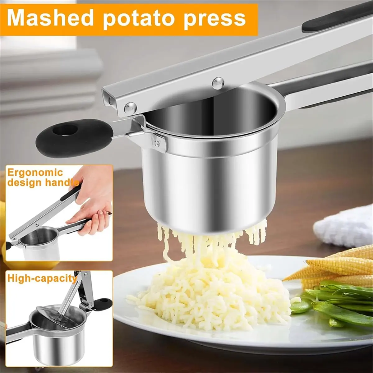 2026 New Potato Ricer Stainless Steel Potato Masher with 4 Removable Discs Manual Food Masher with Non Slip Long Handle