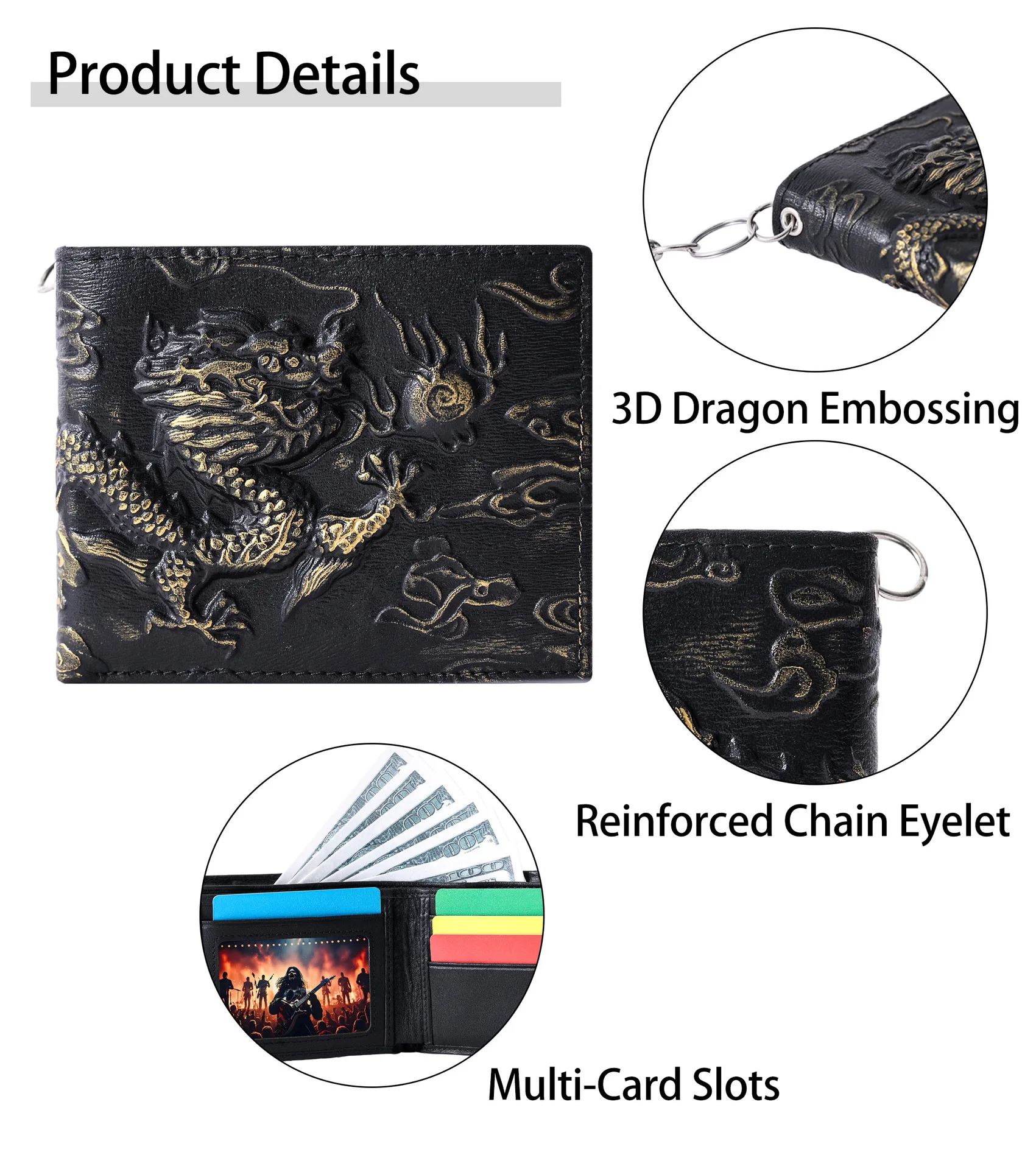 Punk Rock Biker Herren-Geldbörse mit Metallkette Retro Silberner Drache Geprägt Echtes Leder Diebstahlsichere Kettenbörse für Männer – Detail 17