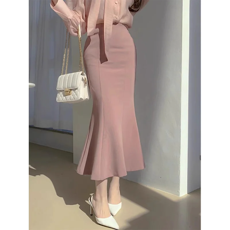 

Pink Fishtail Skirt for Women Autumn and Winter New Zipper High Waist Package Hip Skirt Small Commuting Figure Flattering Suit S