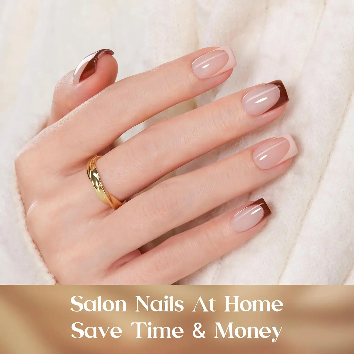 Kit de unhas Press-On Mocha French Tip - 7 cores, quadrado curto, tudo em um com cola e lâmpada