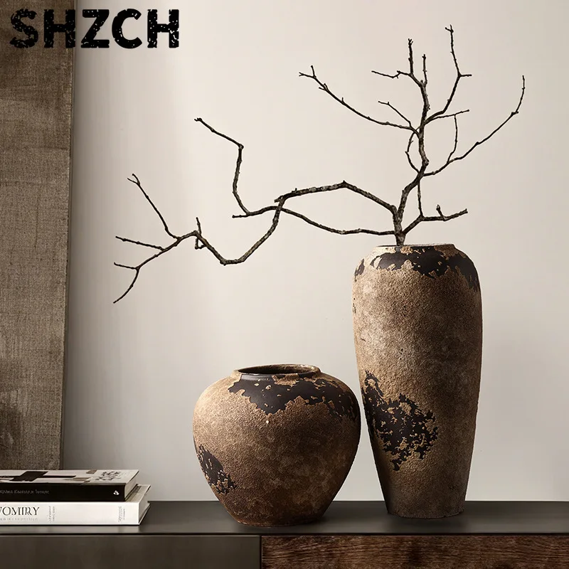 Keramik Wabi-Sabi Vase Hochwertige Retro Wohnzimmerdekoration Trockenblumen-Arrangement TV-Schrank Eingangsbereich Hotel Musterzimmer Töpferwaren-Krug