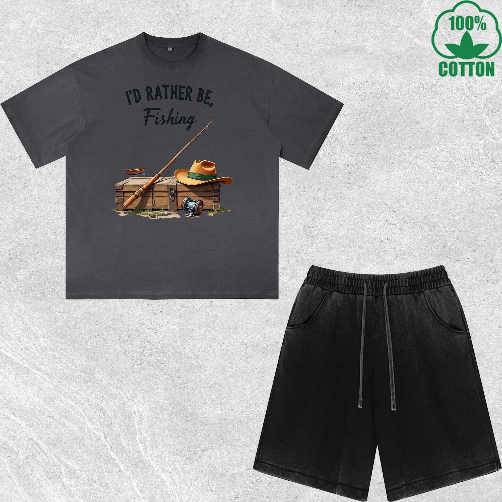 

Rather Be Fishing Printed Dirty Wash T-Shirt Shorts Set Multicolor Combo Loose Trendy Fashionable 100%Cotton