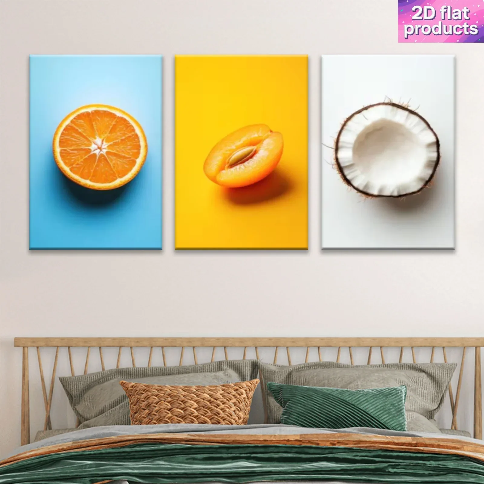 Frameless 3pcs Canvas Painting 2D Flat, 3pcs/set Tropical Fruit Wall Paintings - Orange Apricot Coconut Suitable for, Bedroom, D