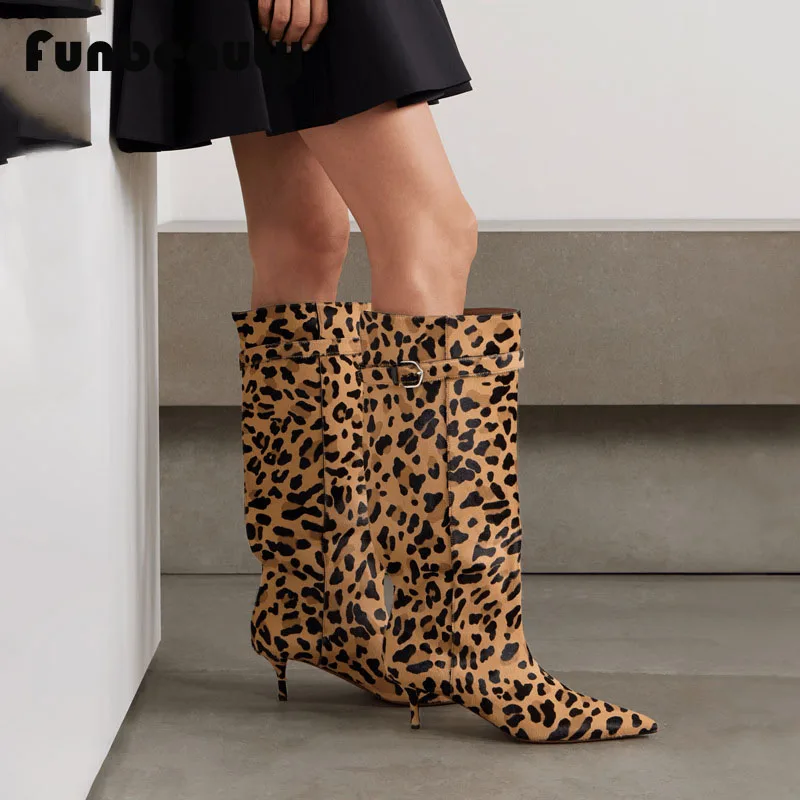 2024 new women\'s pointed thin heel leopard print long boots knight boots retro genuine leather knee high boots