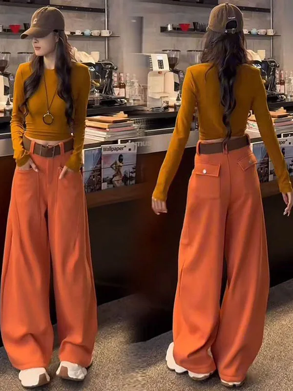 

High Waist Fce Lined Knife Pleat Wide Leg Pants Women's Casual Trousers Floor Length Sweatpants Trendy Autumn 2025