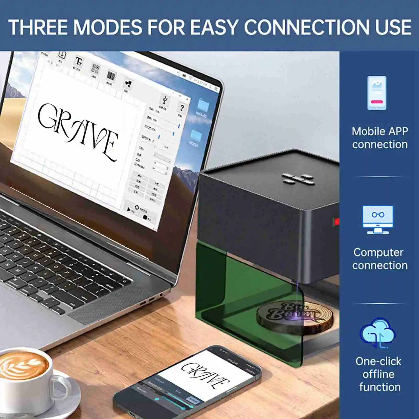 آلة الحفر المحمولة علامة الطابعة 80x80 مللي متر منطقة نحت 3000 ميجا واط وحدة رأس الليزر سهلة لتوصيل أدوات نحت الحرف اليدوية