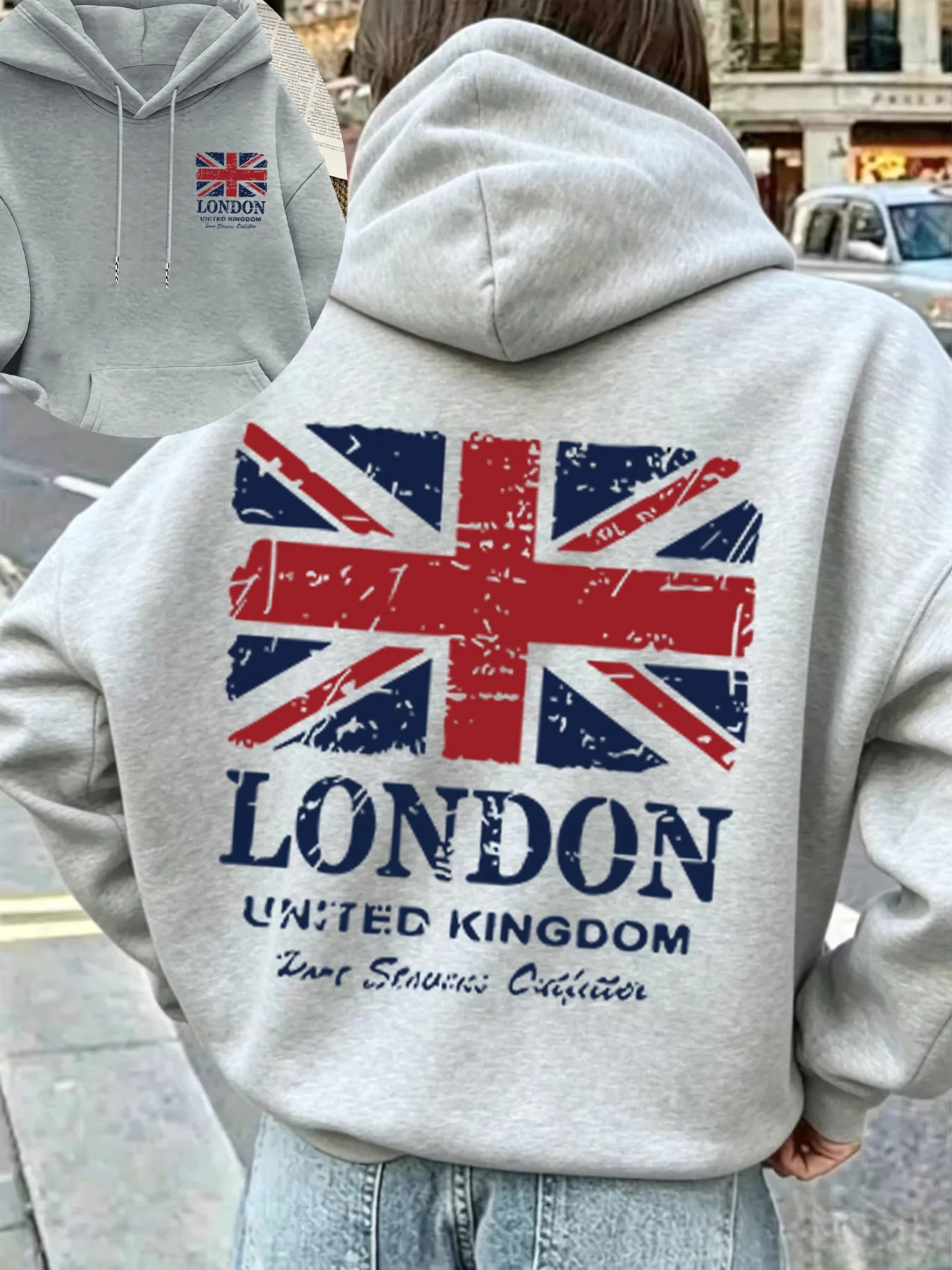 Unisex London UK Flaggen-Sport-Hoodie Union Jack Vintage-Druck Hellgrauer Oversized Pullover Streetwear Sweatshirt Frühling Herbst – Detail 8