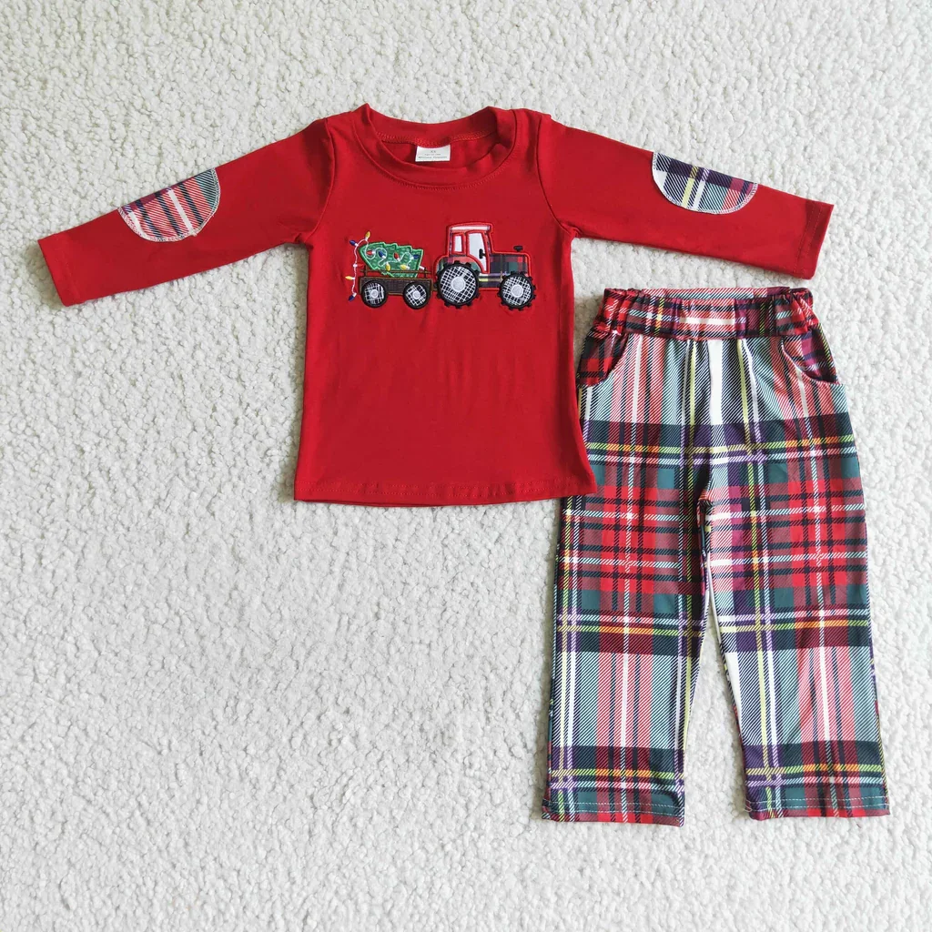 

Christmas Embroidery Tree Truck Red Plaid Cute Boy's Set