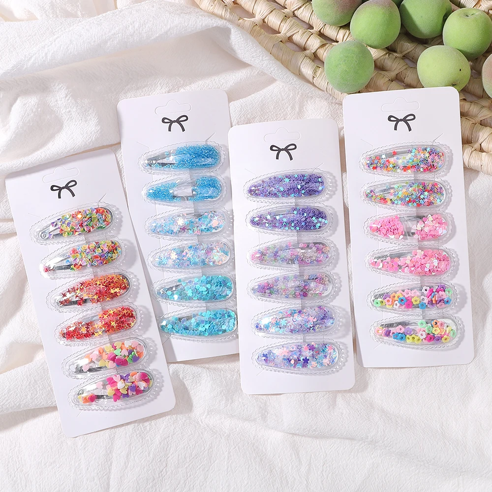 6pcs/set Fashion Sequin BB Hair Clips Color Transparent Flowing Sand Bangs Hair Gripes Girl Cute Cartoon Kids Headwear Accessory