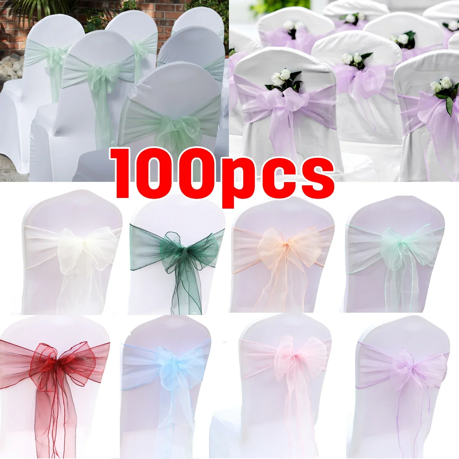 10/50/100PCS 17x275cm Organza Wedding Knot Bands Chair Sashes Party Banquet Event Arrangement  Chair Bows Decoration