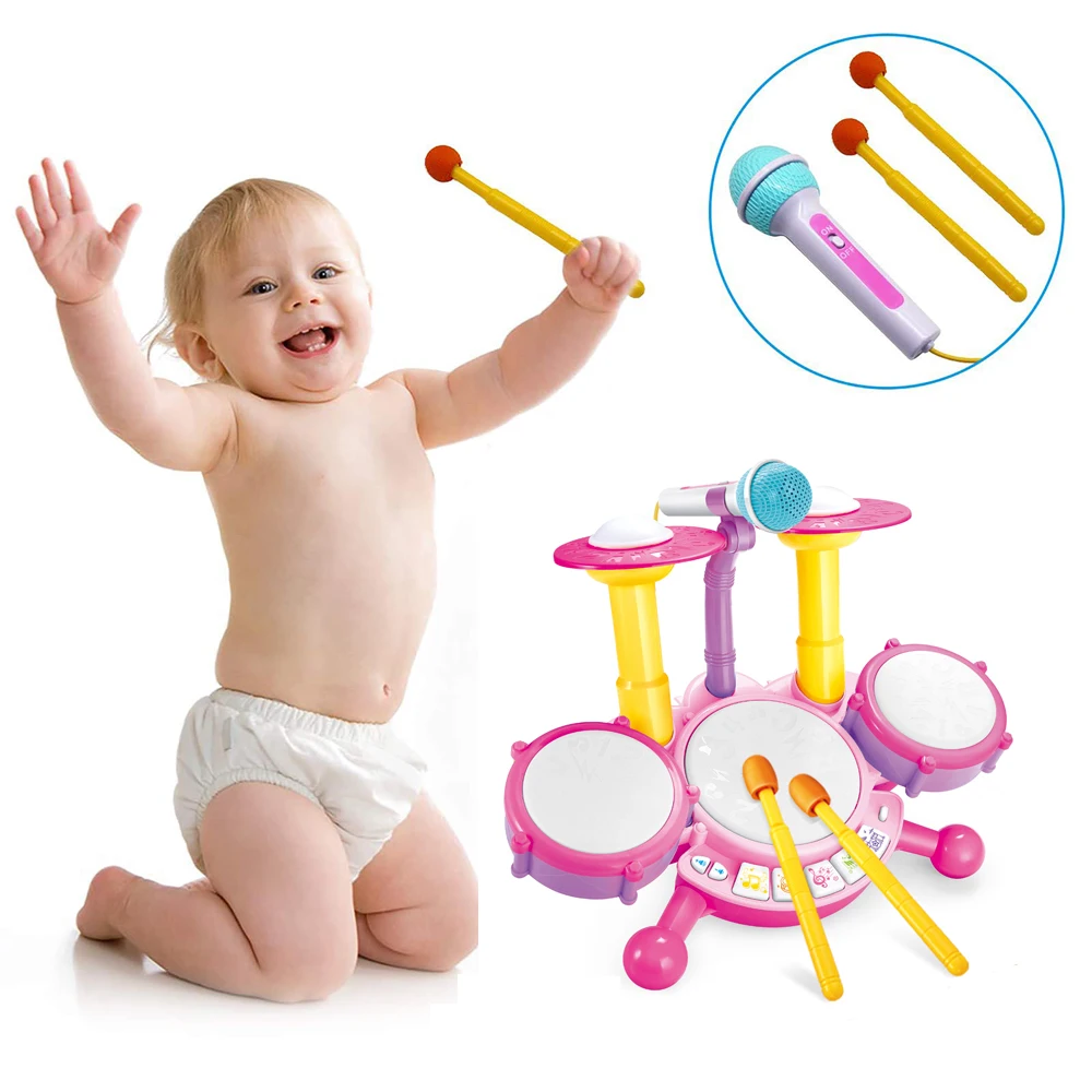 Kit de bateria elétrica para crianças, meninos e meninas, instrumentos musicais, brinquedos de aprendizagem com 2 baquetas, microfone ajustável, aniversário para meninos e meninas