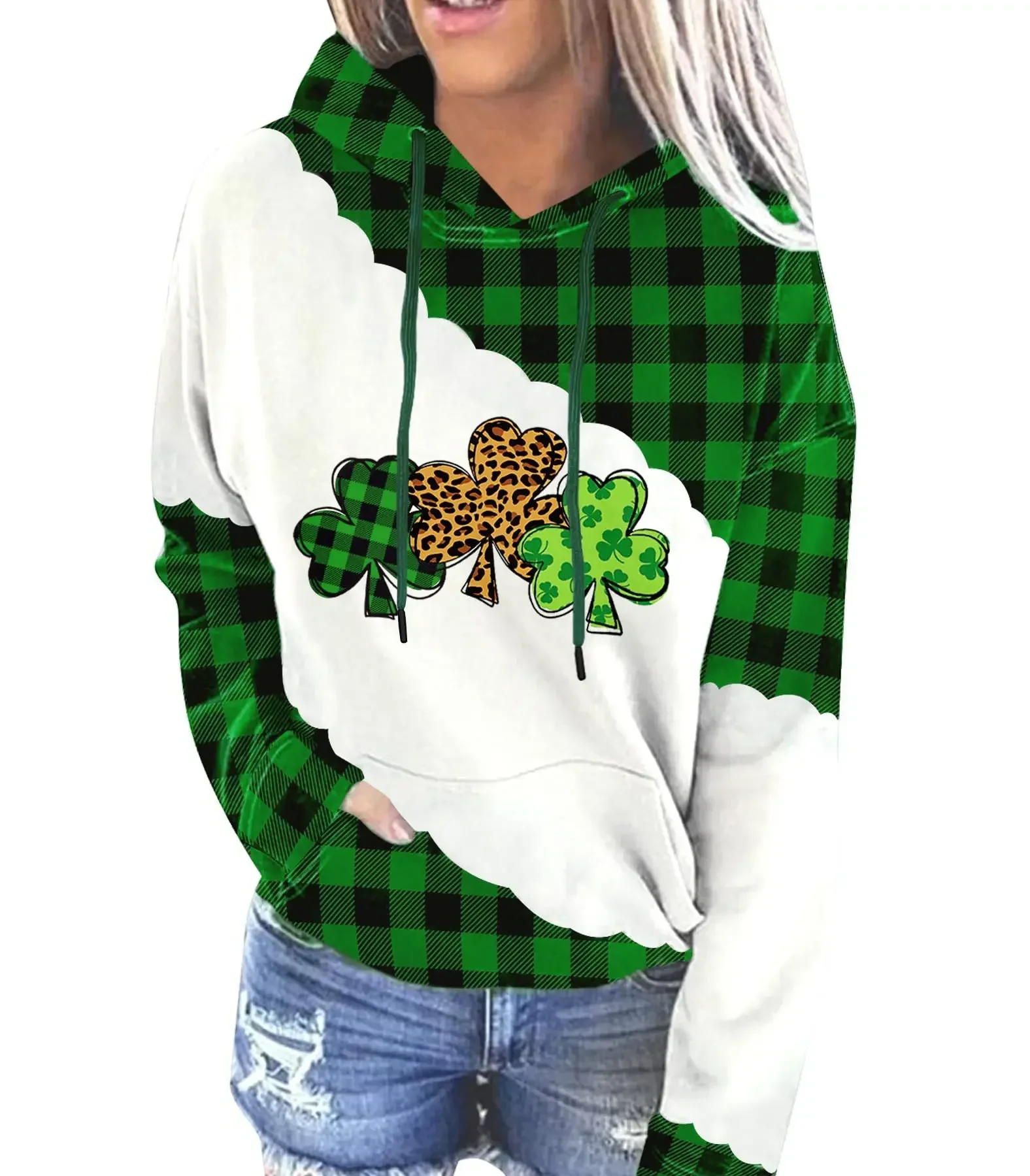 Sudadera con capucha de trébol verde para mujer, sudadera informal de manga larga, jersey de trébol irlandés, Tops de retazos con estampado de la suerte