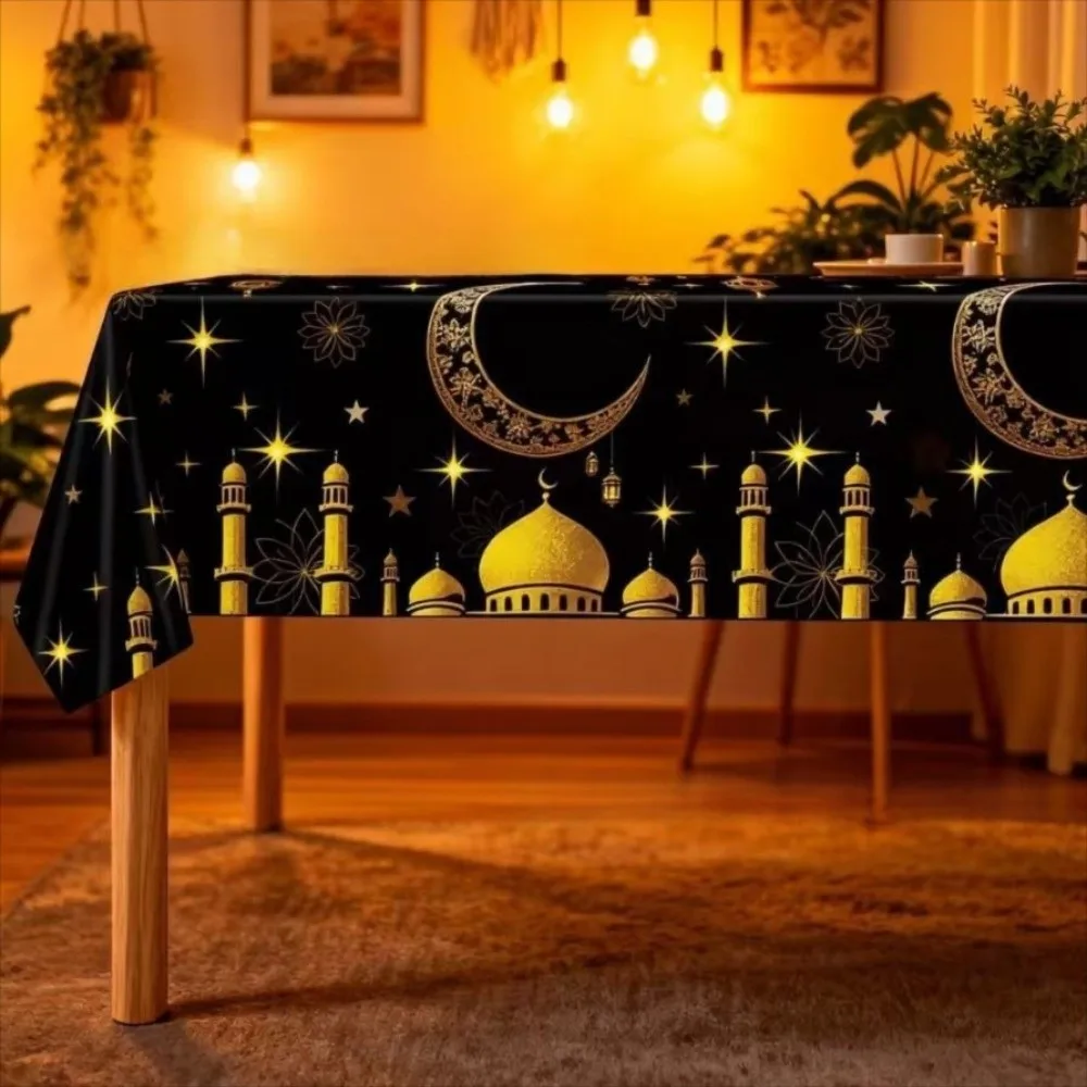 New Plastic Eid Mubarak Tablecloths Waterproof Disposable Moon Tablecloths Black Gold Ramadan Decoration Party Supplies