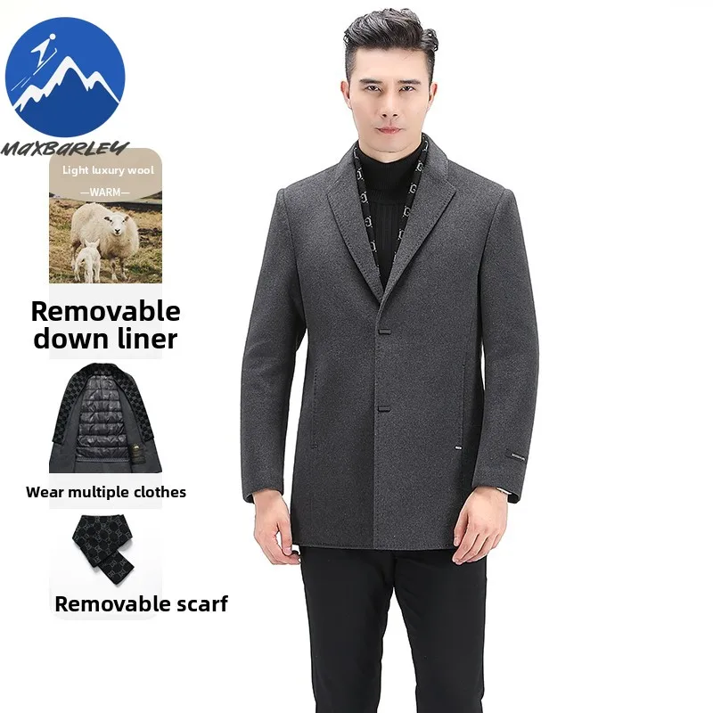 Maxbarley Men Long Down Jacket Lightweight Commute Office Warm Puffer Coat Casual Business Self-cultivation Winter Wool Coat