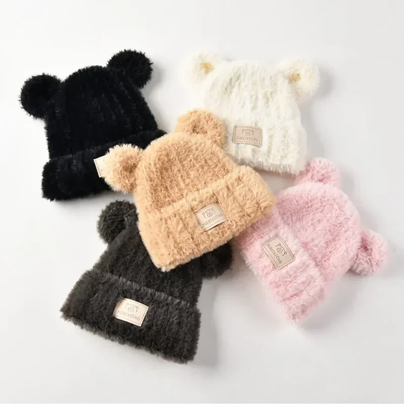 Newborn Warm Furry Beaine for Boy Girl Cute Cartoon Bear Ear Crochet Bonnet for Toddler Autumn Winter Thicken Plush Infant Hat