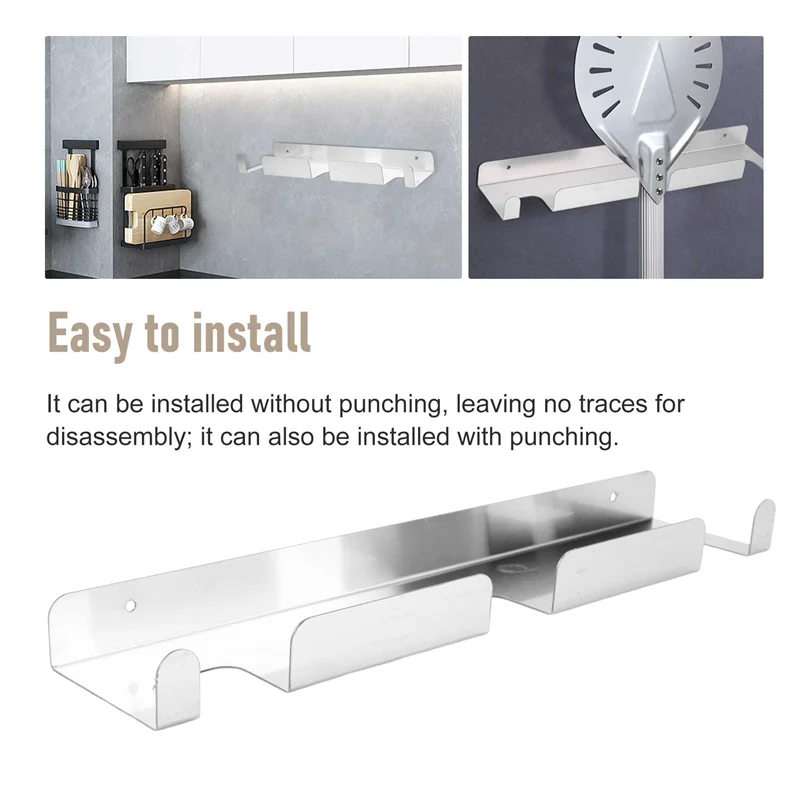 

ABAH-Pizza Shovel Wall Rack Brushed Stainless Steel Pizza Peel Rack Wall Mounted Hanger Heavy Duty Pizza Shovel Holder