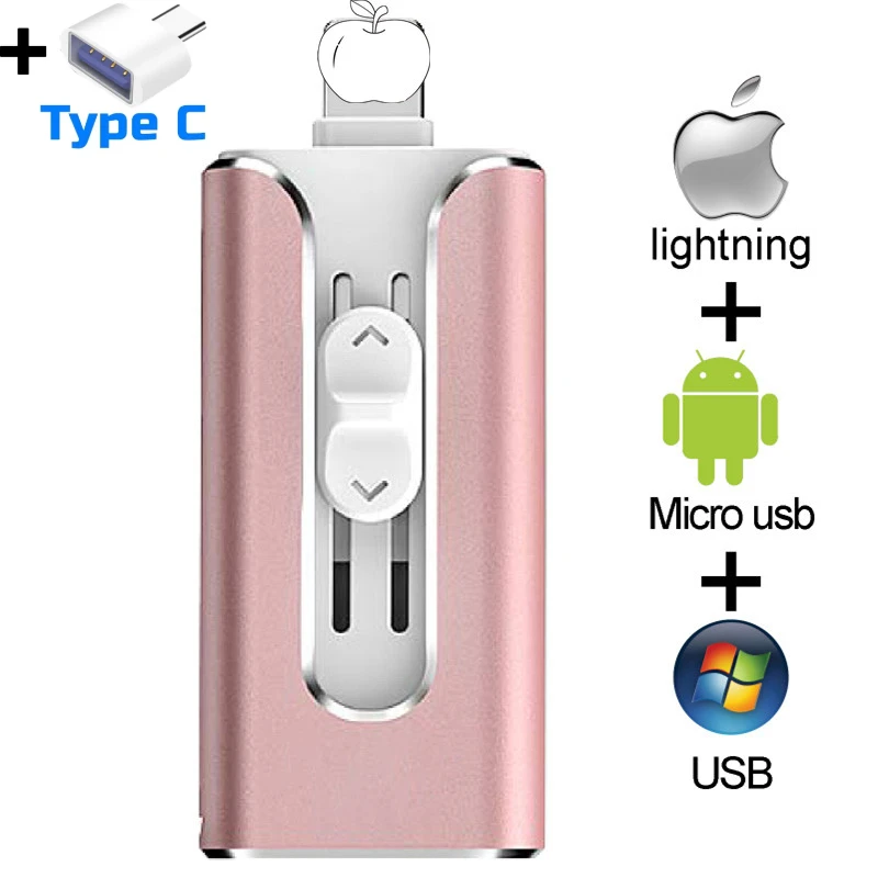 

OTG USB флэш-накопитель для iPhone 16 ГБ 32 ГБ 64 Гб 128 ГБ 256 ГБ cle 4 в 1 флэш-накопитель для ipad mac usb3.0 с адаптером type c 【pink】