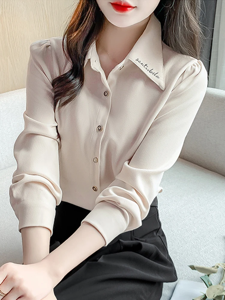 

Thiened Embroidered Women's irt Long Sve Floing Autumn Winter New Faion Single Button Ne Top Korean Sle L...