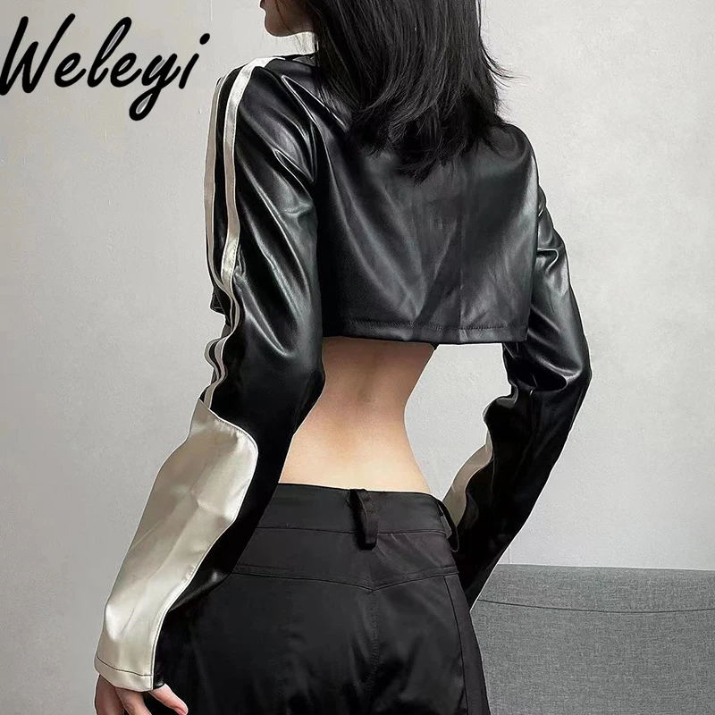 American Woman Black Leather Cropped Bomber Jackets Trend 2025 Spring Casual Loose Women's Long Sleeve PU Short Coat Feminina